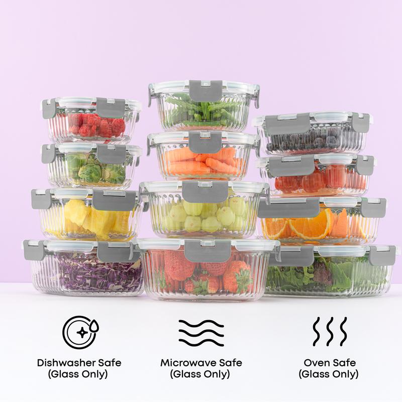 JoyJolt 24pc Fluted Glass Storage Containers (12 Airtight, Freezer Safe Food Storage Containers and 12 Lids), Pantry Kitchen Storage Containers, Glass Meal Prep Container for Lunch, Glass Storage Containers with Lids