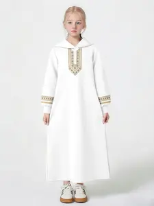 Elegant Girls' Hooded Abaya Dress, Gold Totem Embroidered Printed Long Gown, Middle Eastern Muslim Girl's Stylish Robe