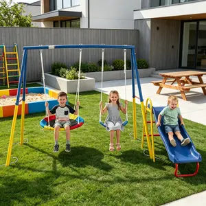 Summervibes Swing Sets for Backyard with Kids Slide Outdoor Heavy-Duty Metal Playset 3 in 1 Swing Set with Slide