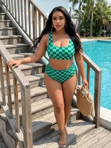 Plus Size Checkered Bikini Set with Ruched High Waist Tummy Control, Turquoise & Emerald Retro-Sporty Swimwear