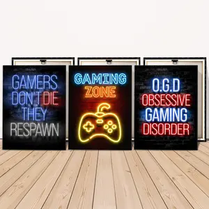3 Counts Wooden Framed Canvas, Neon Gaming Zone Controller Poster Images, Exquisite Poster, Perfect Living Room Decoration, Modern Art, Fashion Family Poster, Wall Art Decoration, Waterproof Art, Print
