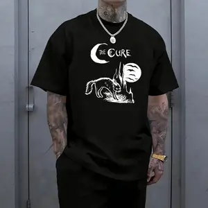 Men’s “The Cure” gothic fox graphic T-shirt with moon and bats print, soft cotton blend, perfect for lovers of dark aesthetics, alternative music fans, and casual edgy outfits. tiktokshopspringglowup