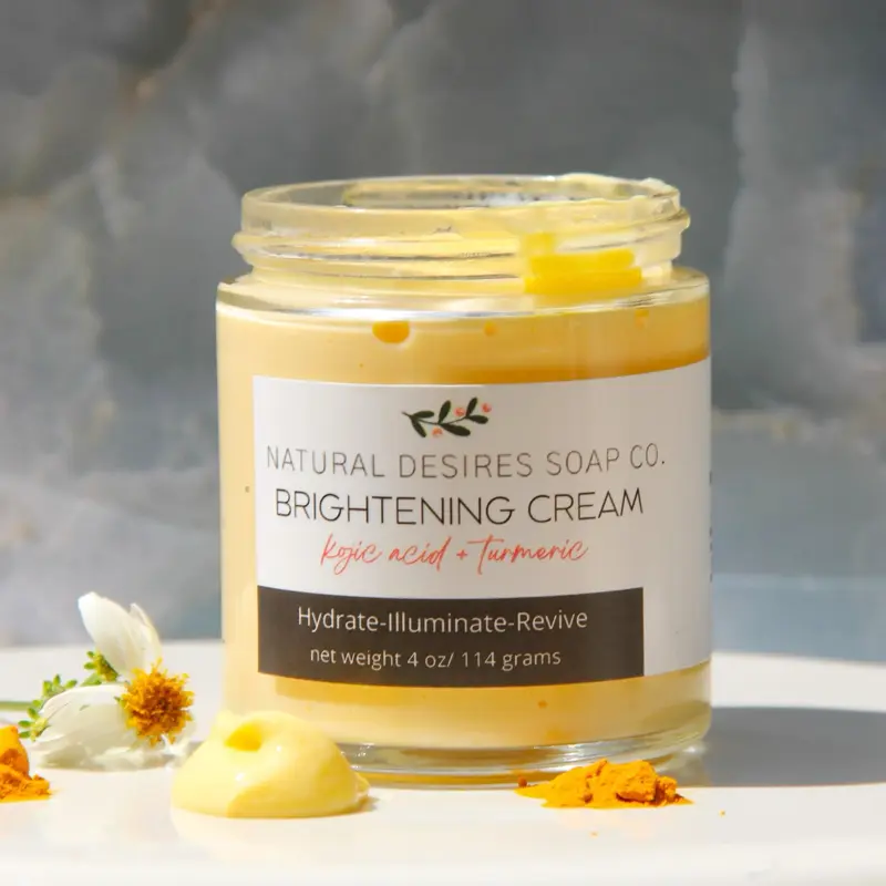 Natural Desires Soap Co. Brightening Cream with Kojic Acid & Turmeric 4 oz - Hydrate Illuminate Revive for Uneven Skin Tone - 100% Natural & Junk Free