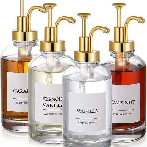 4-Pack 16.9oz Heat-Safe Glass Syrup Pump Dispenser Bottles Set, Coffee Bar Accessories with Gold Canister Organizer, See-Through Level Window, Leak-Proof Durable, Ideal for Cafes (Maple, Honey Use)
