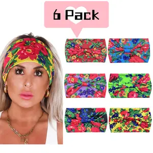 6 Pack Women's Bohemian Ethnic Style Headbands, Vintage Elegant Rose Print Elastic Wide Edge Yoga Headbands