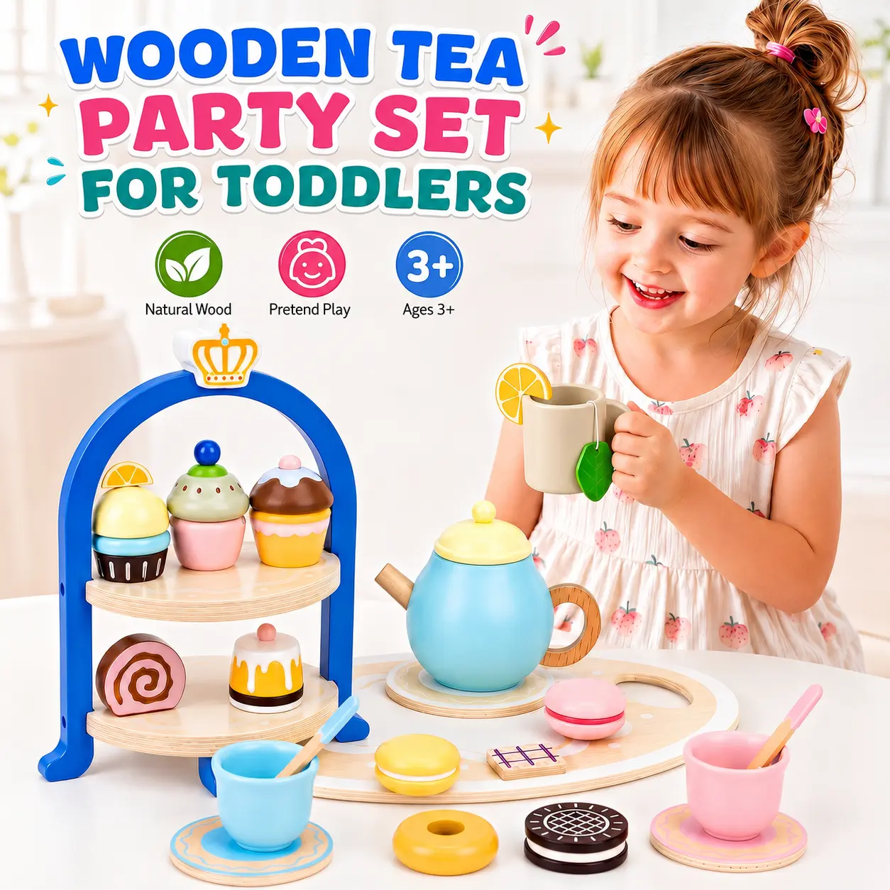 Kids Wooden Pretend Play Tea Set with 2-Tier Cake Stand, Toddler Kitchen Toy, Birthday Gift for Girls 3+ Tool Montessori
