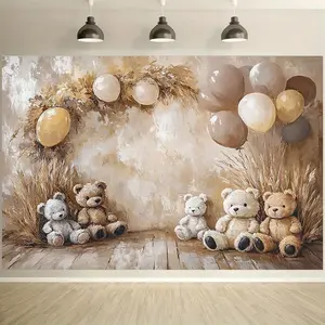 2D Flat Banner 1pc, Teddy Bear Background, suitable for baby parties, includes plush toy bear and balloons, neutral tones suitable for birthdays, baby showers, and porch decor High Quality Photo Studio Props, Pa