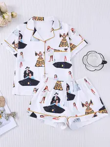 2-piece set of women's white background opera phantom print pattern short sleeved shorts soft and comfortable top with small pockets, lapel design, button closure, elastic waistband, suitable for all seasons home daily casual women's sleepwear set