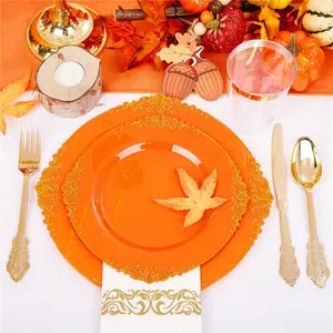 Orange Plastic Plates Set 175PCS Orange and Gold Disposable Plates for 25 Guests for Wedding & Party & Thanksgiving