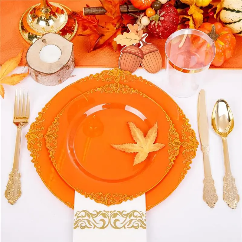 Orange Plastic Plates Set 175PCS Orange and Gold Disposable Plates for 25 Guests for Wedding & Party & Thanksgiving