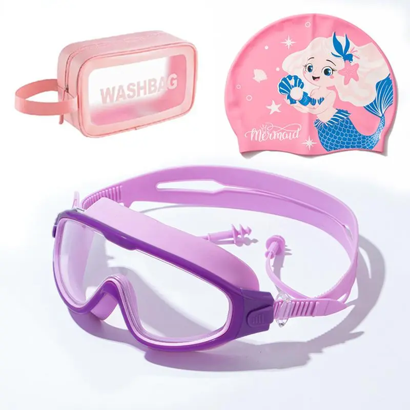 Swimming Goggles & Swimming Cap With Bag Set, 2 Counts Waterproof & Anti-fog Splash Swim Goggles Kit, Swimming Accessories For Pool Beach, Kid Goggles