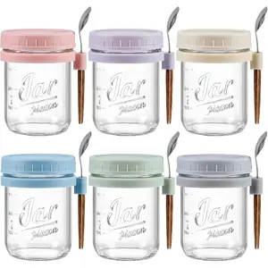 6 Pack Overnight Oats Containers with Lids and Spoons, 16 oz Glass Mason Overnight Oats Jars, Large Capacity Airtight Jars for Milk, Cereal, Fruit Kitchen Silicone