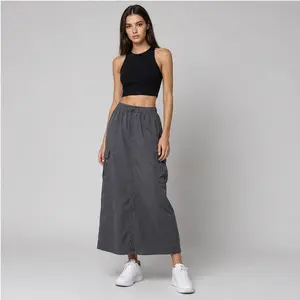 Women's Summer American Retro Cargo Skirt — Casual A-Line Midi Style, Featuring Elastic Waist, Drawstring, Side Slits, and Large Pockets