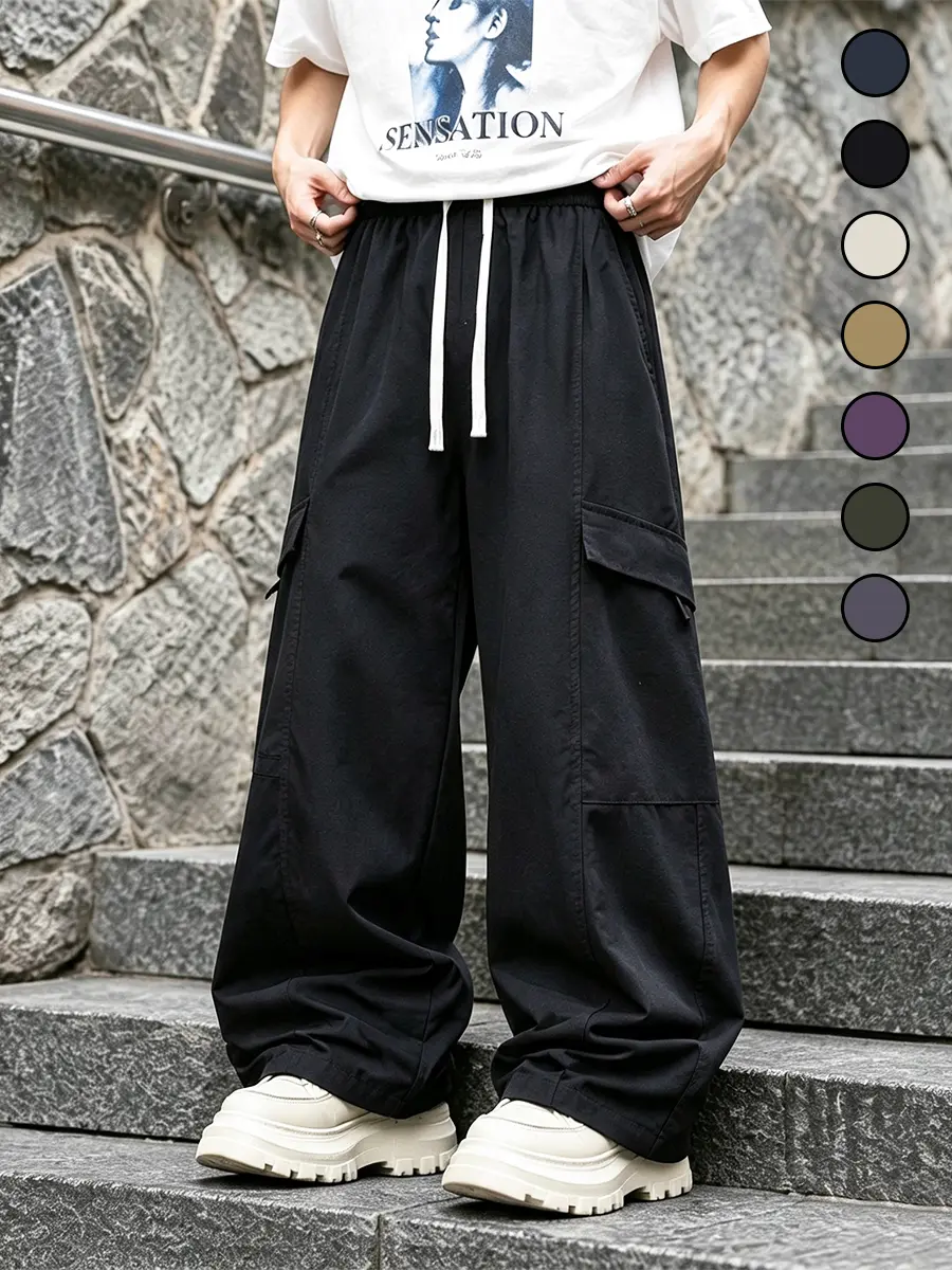 Men’s loose-fit cargo jogger pants, black athletic running pants, drawstring waist workout joggers, streetwear sweatpants