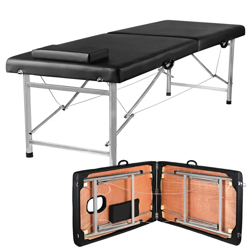 Black Foldable 2-Section Quick-Fold Massage Table with Aluminum Alloy Frame - 600kg Capacity Lightweight Tattooing Bed Couch for Home Spa, Beauty Industry, Wellness Industry, Clinical Assessments Use