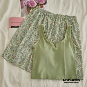 Comfy Padded Tank Shorts Set / Green Floral