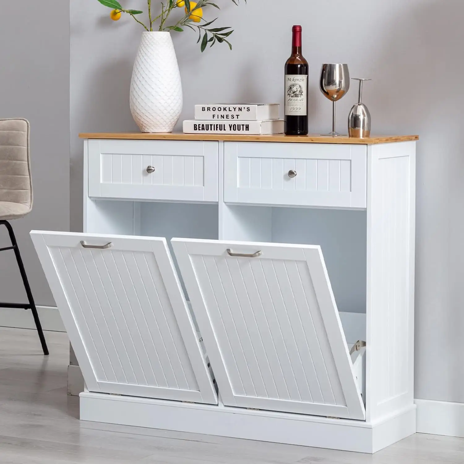 Double Single Tilt Out Trash Can Cabinet For 10 20 Gallon, Freestanding Wooden Recycling Kitchen Trash Cabinet with Drawer & Removable Cutting Board,