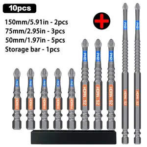 10Pcs Impact Driver Bits Set, S2 Alloy Steel Phillips Head Drill Bits, Anti - Slip & Impact Resistant, 50/75/150mm Lengths, Power Tool Accessories for Screwdriving premium hex bit set Strong Magnetic Screwdriver