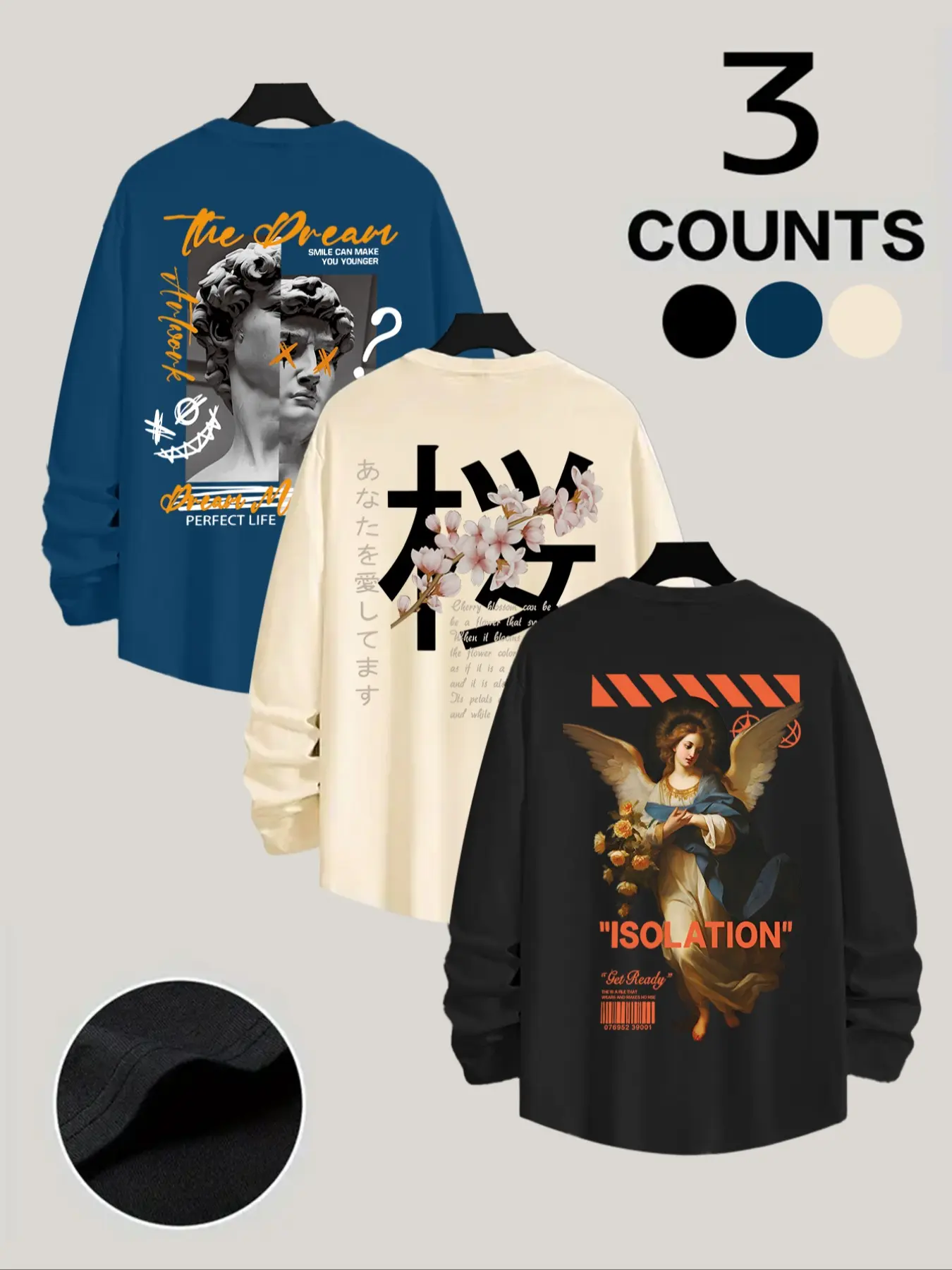 Men's Art Mix Theme 3-Pack Long Sleeve Tees, Avant-Garde Streetwear, Trendy Outfits with Art Prints, Comfortable Soft Fabric, Versatile for Casual Wear, Errands & Hangouts, Ideal for Modern Fashion-Forward Wardrobes, Clothes, Knit