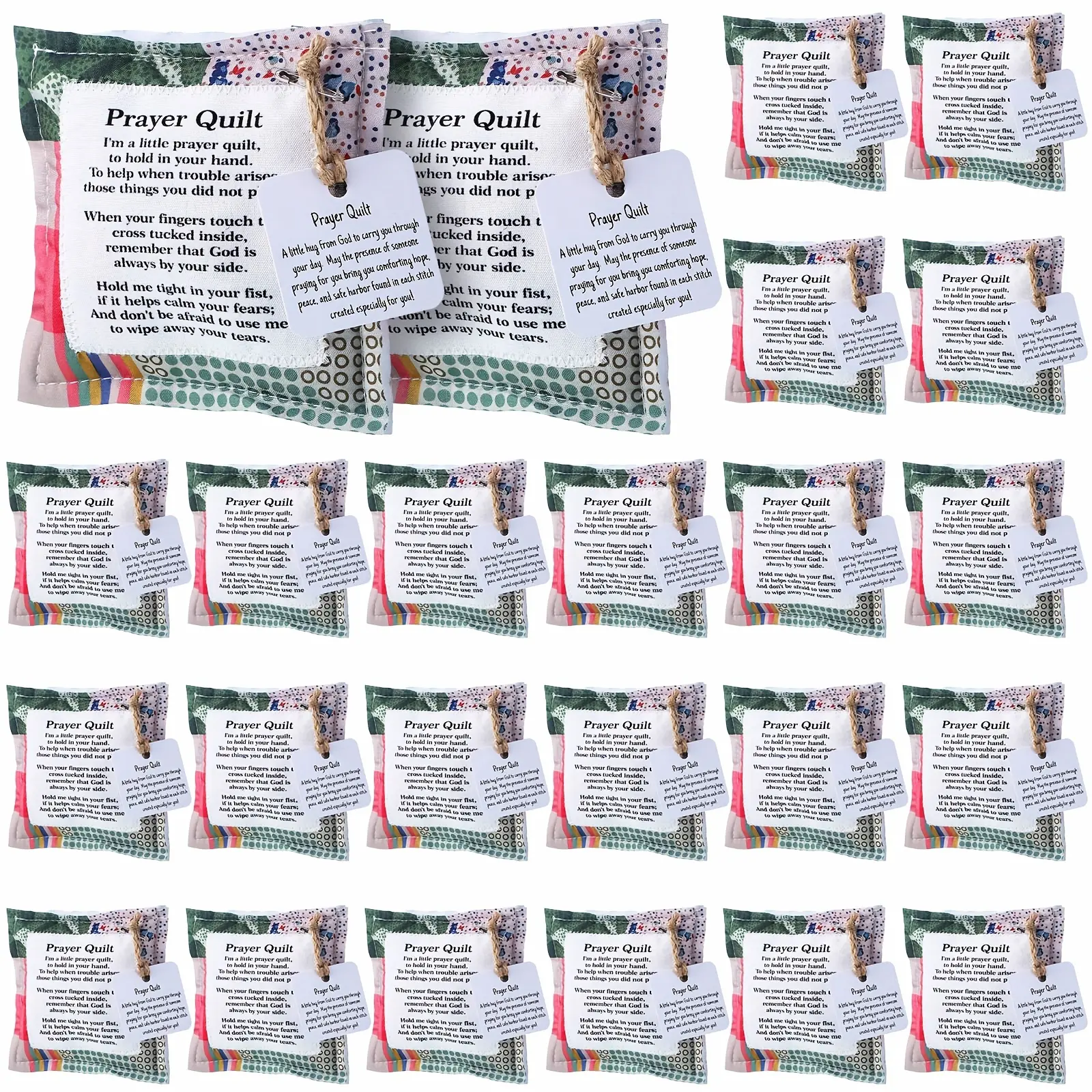Halloween Christmas24pcs Mini Prayer Quilt Squares with Cross Inside - Colorful Sewn Cloth Bags, Vintage Pocket Scripture Designs & Inspirational Bible Verses, Fabric Christian Gifts for Women, Mother’s Day, Pastor Appreciation
