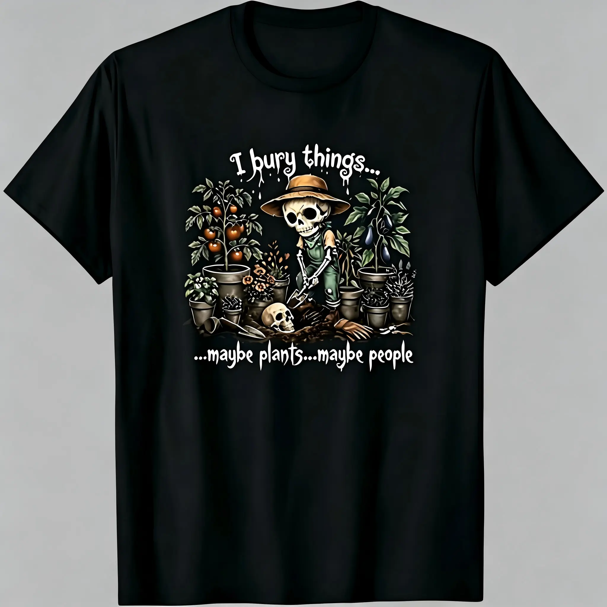 Unisex Pure Cotton Shortleeve Classic Crew Neck T-Shirt, Relaxed Fit Full Print Skeleton Gardener Dark Humor Cottagecore Casual Sports Top