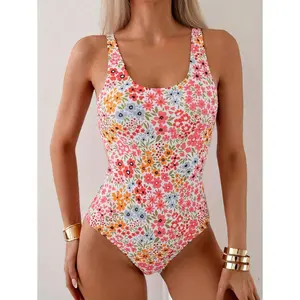 New Women's Slim Fit Floral One-Piece Swimsuit  - Tummy Control, Slimming Effect, High-Cut Leg, Backless, Knot Detail, High Elasticity, Polyester Halter Bikini Set