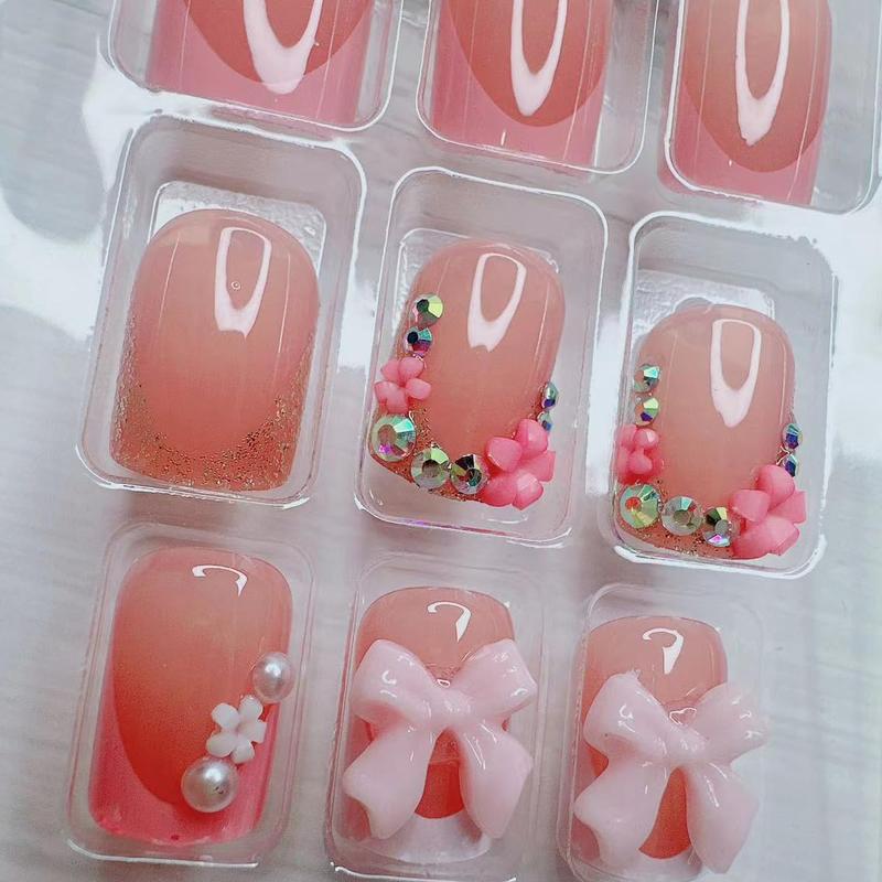 24pcs French Tip Press-On Nails - Short, Charms, Bow, Flower Design, Pink, Cute, Square Shape, Acrylic, Rhinestones