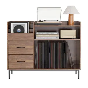 Bellemave Turntable Record Player Stand - Adjustable Shelves, 350+ Vinyl Capacity, Media Console with Speaker Shelf & 2 Drawers, 27.6" TV Stand for Living Room, Bedroom (Some Assembly Required)