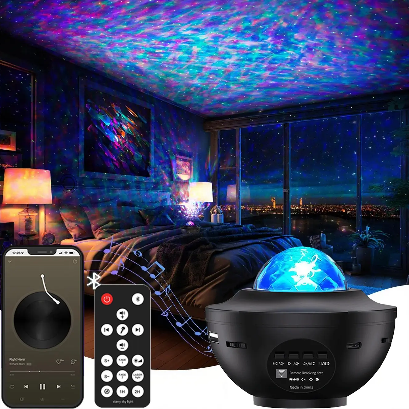 Bluetooth Music Starry Sky Projector Light Laser Ambient Light Atmosphere Night Light Auto Rotating USB Powered Remote Control Water Wave Night Light for Bedroom Party Flameless Decoration Light