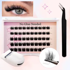 Self-Adhesive Eyelash Clusters Set, No Glue Needed, Fluffy Cat Eye Look, Suitable for Beginners, Includes Lash Curler and Tweezers, DIY False Eyelashes