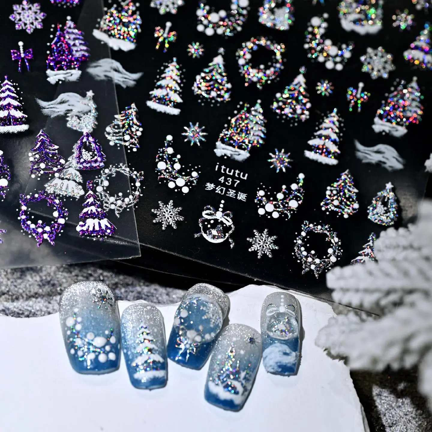 5D Embossed Colorful Dreamy Christmas Wreath Snowflake Tree Reindeer Star Nail Stickers Decals Manicure Shiny Purple X'mas World