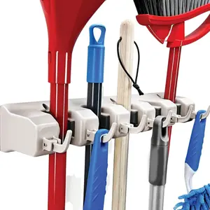 Mop and Broom Holder - Garage Storage System with 5 Slots, 6 Hooks, 7.5lbs Capacity Per Slot - Garden Tool Organizer for 11 Tools - Home, Kitchen, Closet, Laundry Room Organization - Off-White Wall Mounted Rack - Multi-Purpose Hooks Cabinet