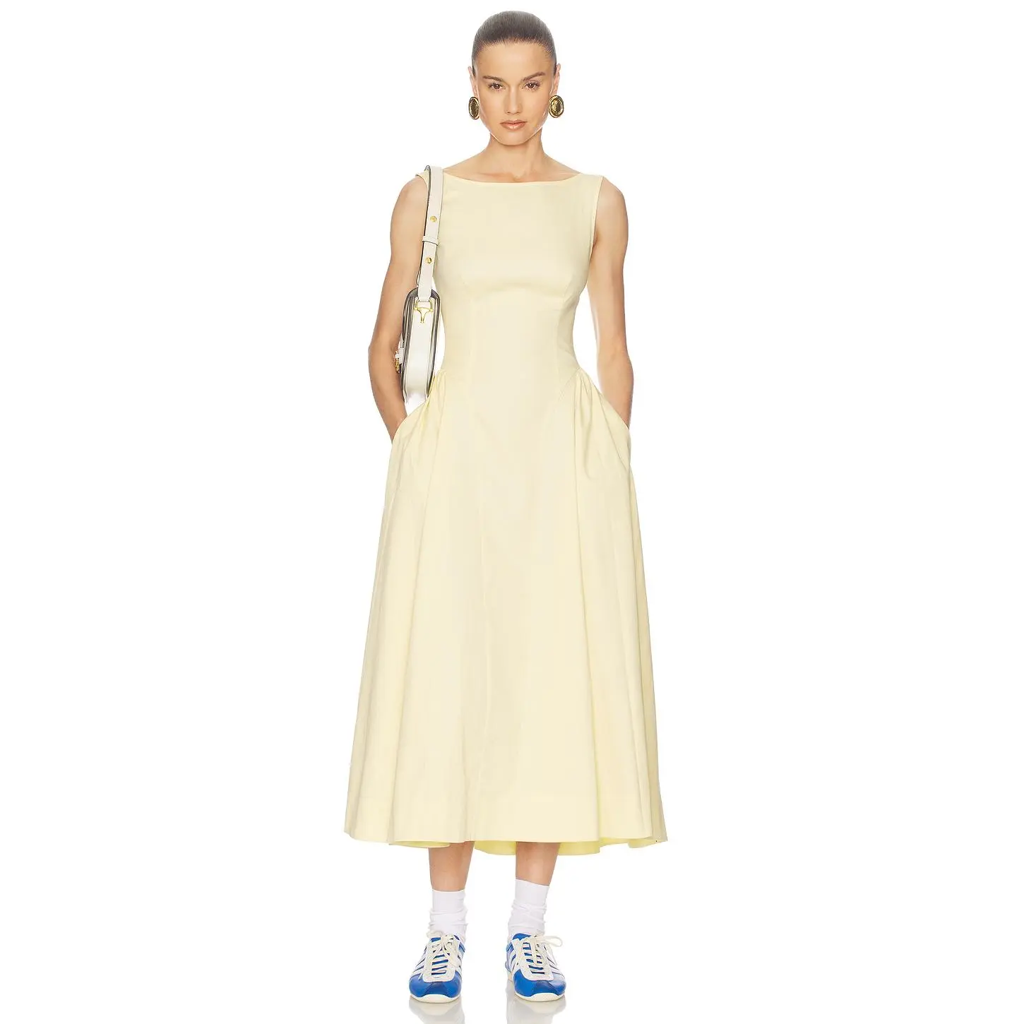 Helsa Stretch Cotton Sateen Midi Dress in Lemontini