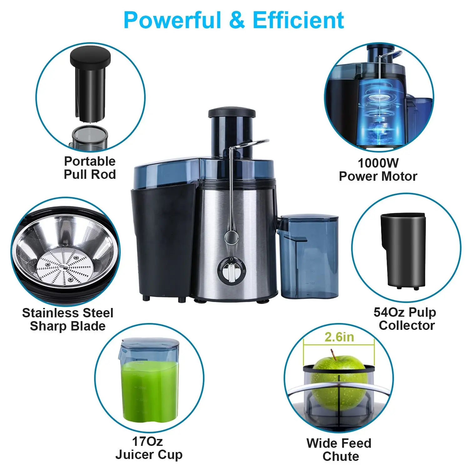 Centrifugal 1000W Juicer, 2-Speed Juice Extractor with 3.6in Wide Feed Chute, 17Oz Cup, 54Oz Pulp Collector for Fruits and Vegetables