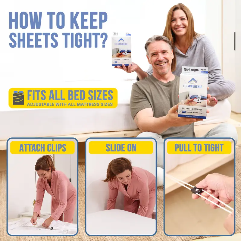 Bed Scrunchie 3-in-1 Adjustable Bed Sheet Straps & Fasteners – 360° Elastic Fitted Sheet Tightener with Heavy-Duty Anti-Slip Clips – Prevent Loose or Slipping Sheets – Universal Bed Sheet Holder for Deep, Extra-Deep, Pillow-Top & Adjustable Mattresses 1