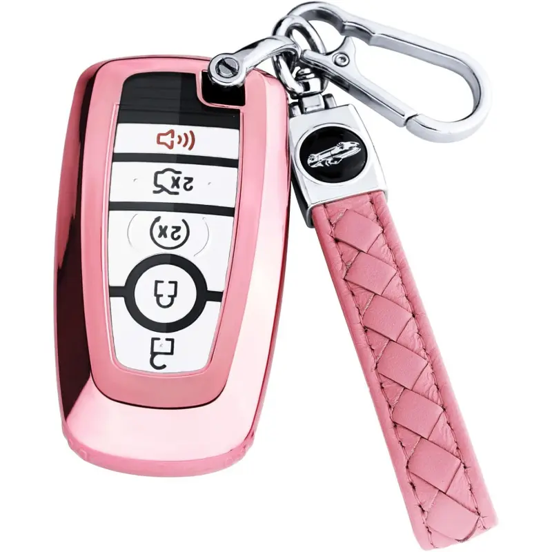 Ford Car Key Fob Cover with Leather Keychain, Waterproof Dustproof Full-Protect Case Shell for Ford Explorer Fusion Escape Edge Expedition F150 F250 F350 F450 F550 Maverick Mustang (3/4/5 Buttons, Does Not Affect Signal)