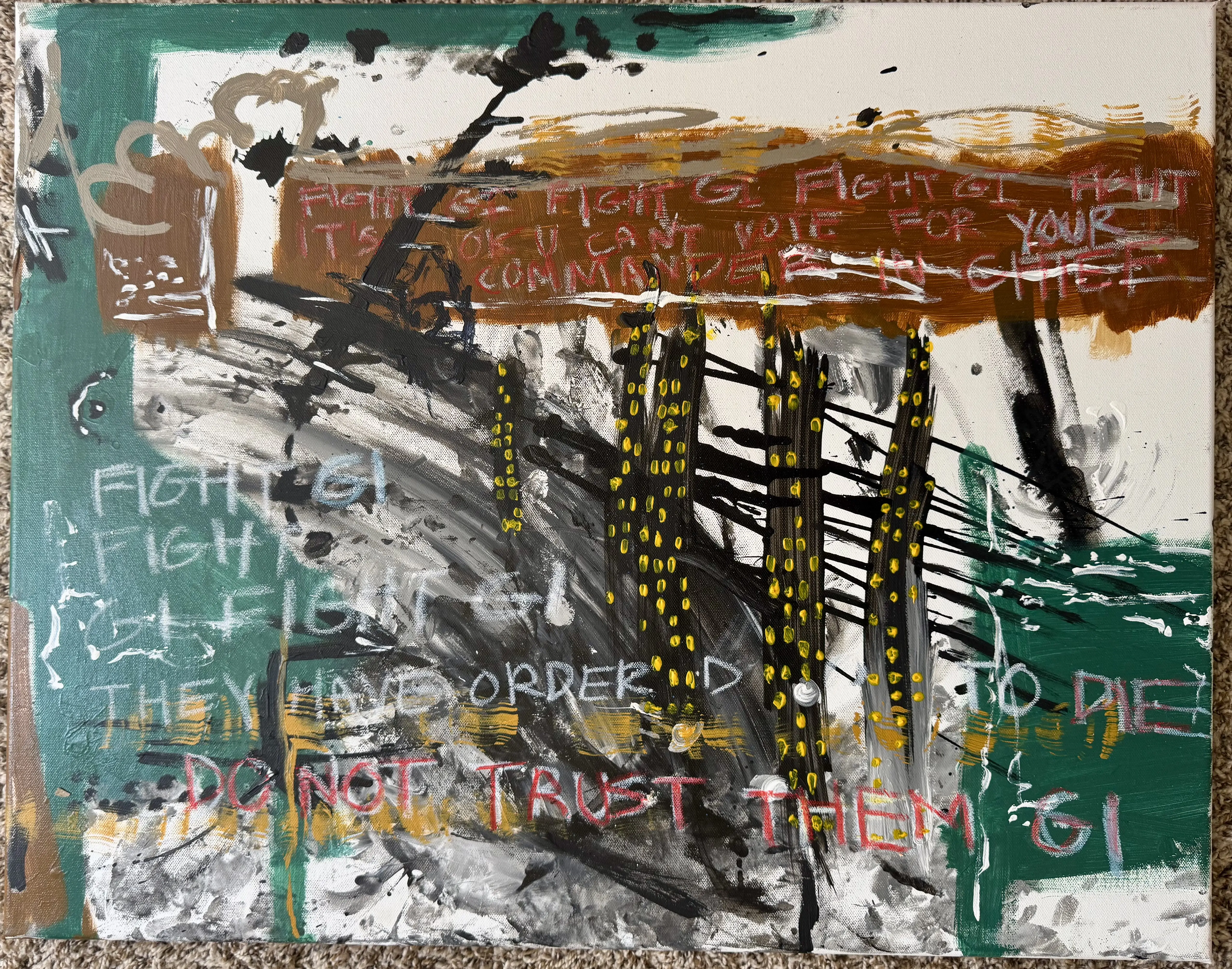 Fight GI Fight 22" x 28" Acrylic on Canvas Painting Abstract and Neo Expressionist Puerto Rican Artwork with Text Elements