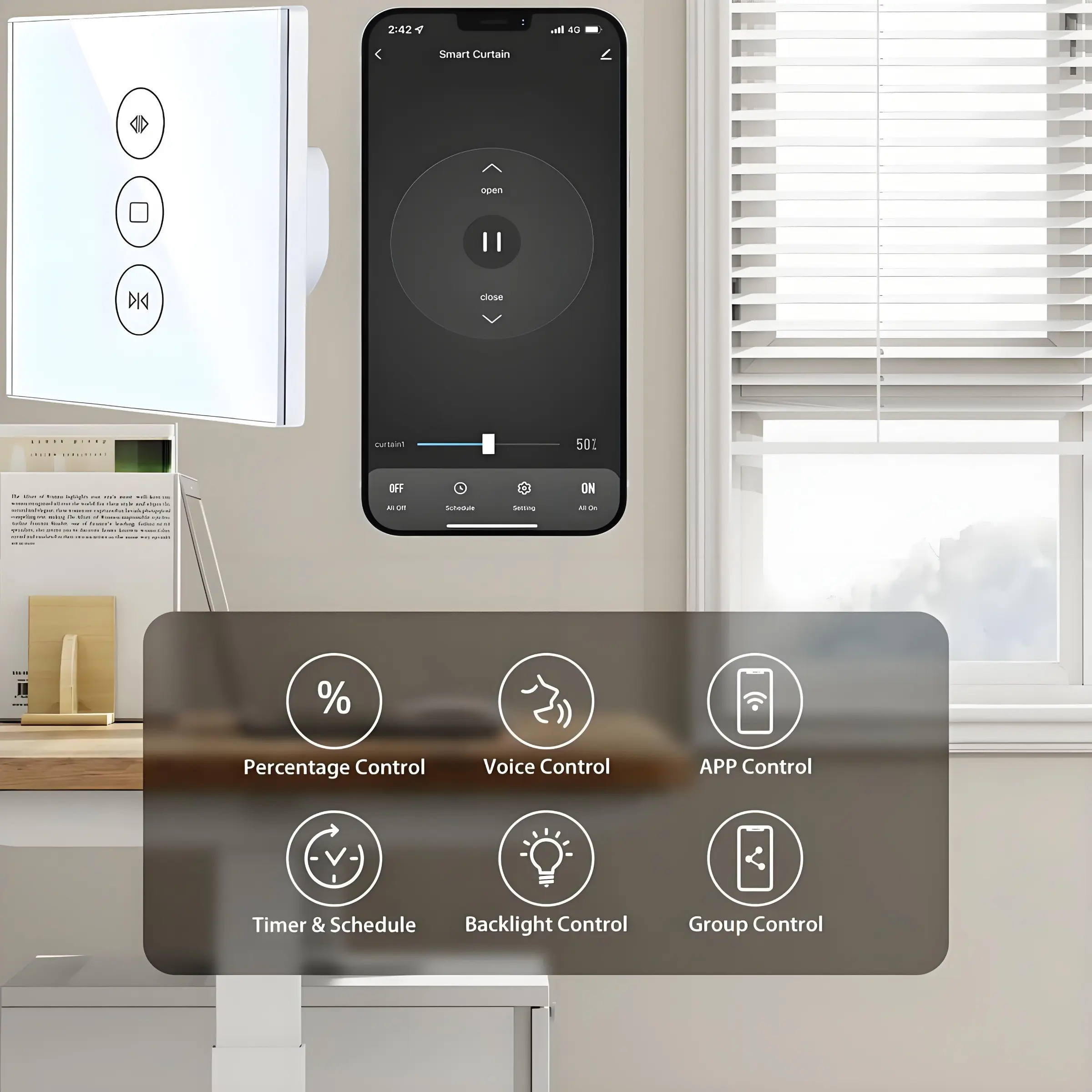 Upgraded Smart WiFi Curtain & Blind Switch, Percent Control Roller Shutter Controller, Voice & App Control with Alexa/Google Home, Wireless Wall-Mounted Smart Switch, Neutral Line Needed for Home Automation House