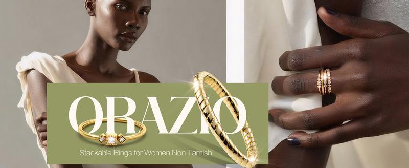 ORAZIO 14K Gold Plated Stackable Rings for Women Non Tarnish Dainty Cubic Zirconia Wedding Engagement Bands Minimalist Trendy Statement Anniversary Promise Thumb Stacking Rings Size 6-10 Hypoallergenic Waterproof Gift Set