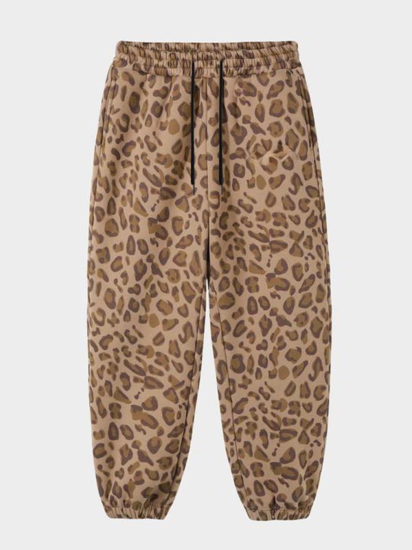 Men's & Women's Camo Leopard Print Fleece Sweatpants, Loose-Fit Casual Pants, Fall Winter Thick Knit Joggers, Baggy Jogging Pants, Elastic Waist