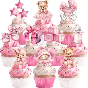 “40 PCS Pink Teddy Bear Cupcake Toppers – Cute Birthday Party Dessert Picks, Baby Shower Cake Decorations, Bear Theme Party Supplies”