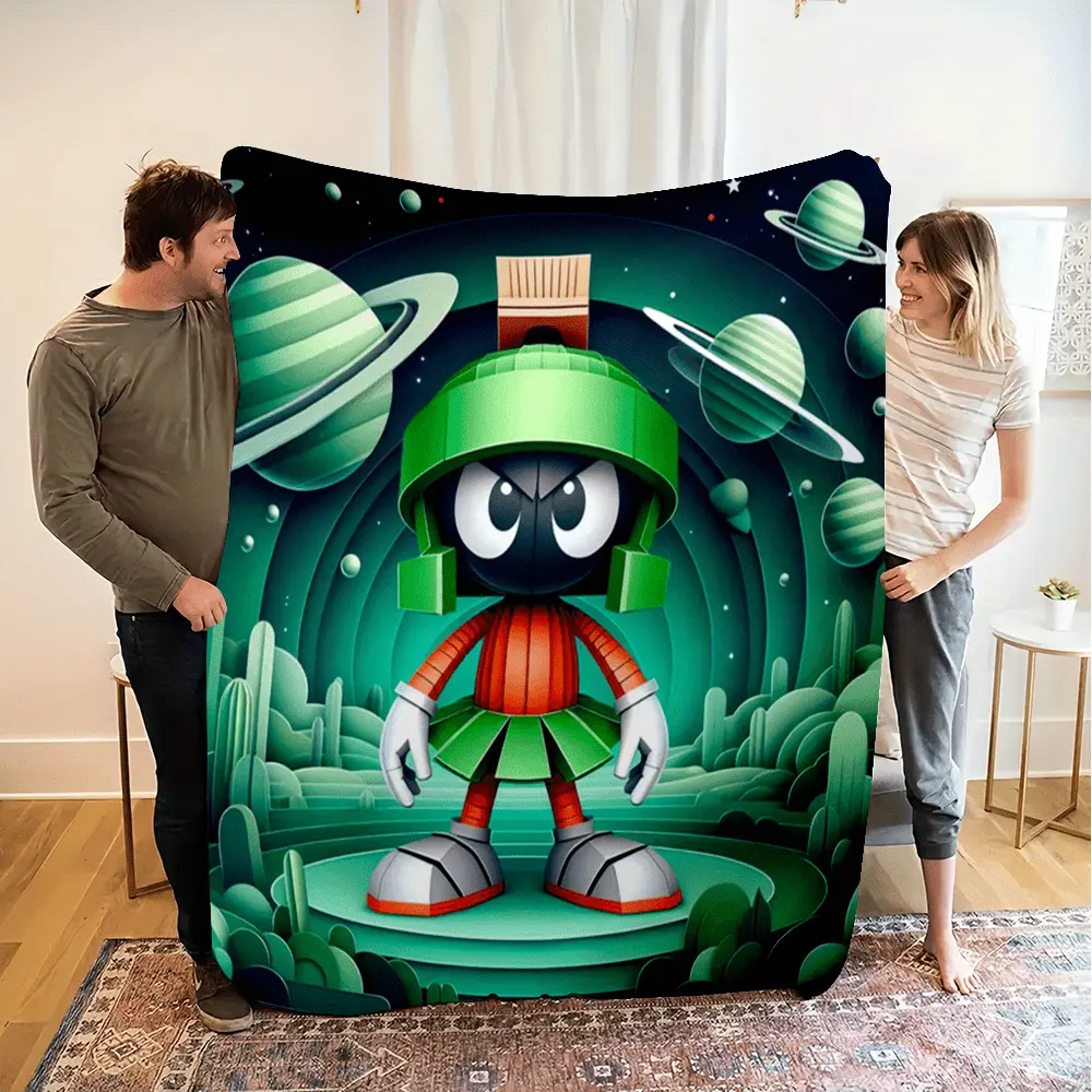 Marvin the Martian 3D Space Throw Blanket, Looney Tunes Fan Themed Cozy Blanket, Soft Fluffy Lightweight Blanket for All Seasons, Anti-Pilling Washable Decorative Blanket