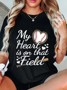 100% Cotton My Heart Is On That Field Cute Baseball Mom Baseball Grandma T-Shirt