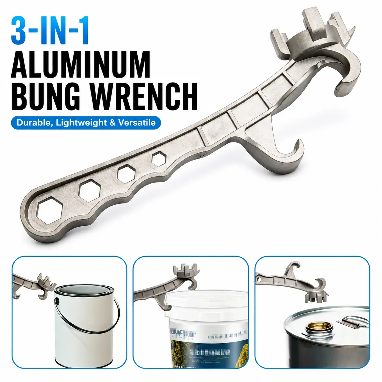 3-in-1 Aluminum Alloy Wrench – Heavy-Duty Non-Sparking Drum Opening Tool with Anti-Slip Grip, Built-In Hanging Hole for Easy Storage, Bung & Bucket Lid Opener for 5 to 55 gal Pails & Steel Drums, Workshop Tools, 5 To 55 Gallons