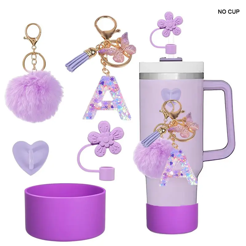 Letter Pattern Tumbler Mug Accessories Set, 5 Counts/set Including Silicone Straw Cover, Silicone Straw Topper, Straw Toppers for Tumblers, Kitchen Gadgets, Heart Hook and Pom Charm, Drinkware Accessories for Gift Accessories