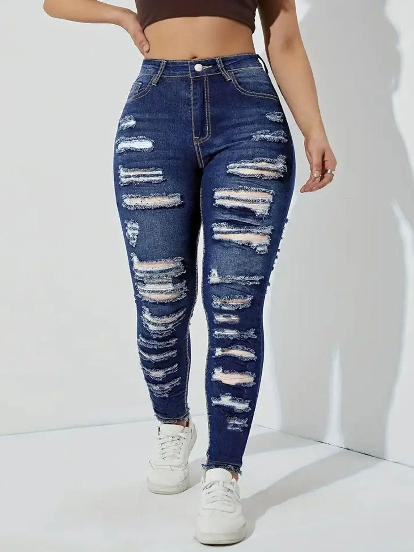 Women's High-Waisted Ripped Jeans, Skinny Stretch Denim Pants for Casual Everyday Streetwear, Bottom, Lady, Basic, Sexy Jeans, Fitted Skinny Jeans