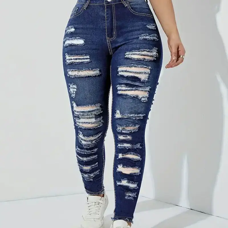 Women's High-Waisted Ripped Plain Stretch Denim Full-Length Skinny Jeans - Trendy 2025 Cut, Outdoor-Ready Wear, Everyday Fit Casual Streetwear Bottoms