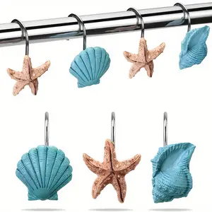 12pcs Nautical Theme Beach Ocean Series Blue Green Shell Decorative Shower Curtain Hook Ring Bathroom Accessories Bathroom Decoration Shower Curtain Accessories Home Decoration Curtain Hooks