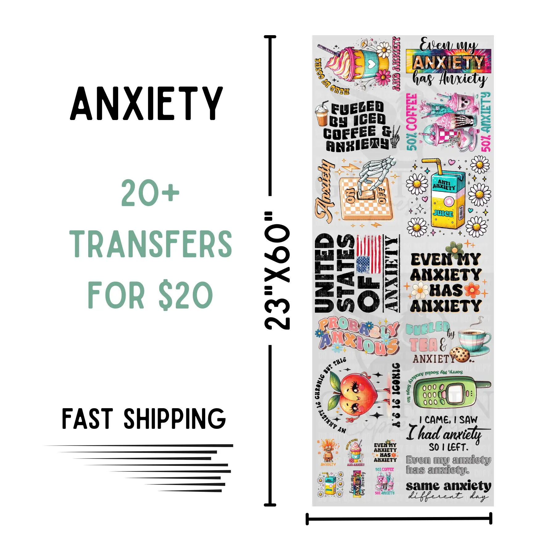 Anxiety | Dollar Deals DTF Transfer Gang Sheet For Graphic Tees Anxiety | Dollar Deals DTF Transfer Gang Sheet For Graphic Tees