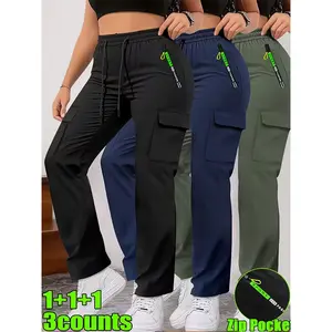 Women’s spring/autumn outdoor casual cargo pants, 3-pack; multi-pocket design; unisex; adjustable drawstring waist; breathable, comfortable fabric; multifunctional pockets; essential for outdoor leisure and work.
